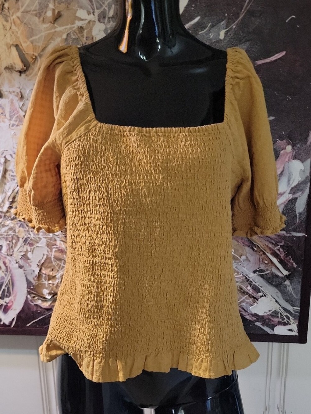 Madewell Mustard Smocked Puff-Sleeve Women's Crop Top